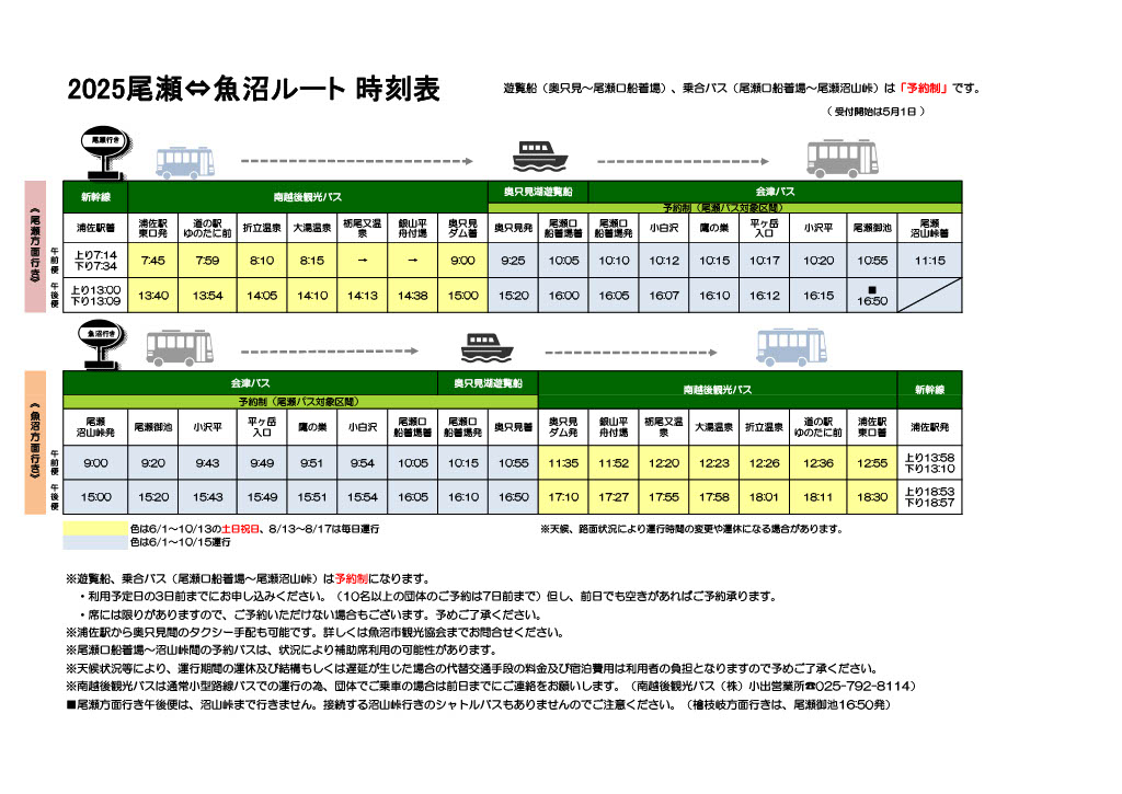 2025尾瀬⇔魚沼ルート 時刻表